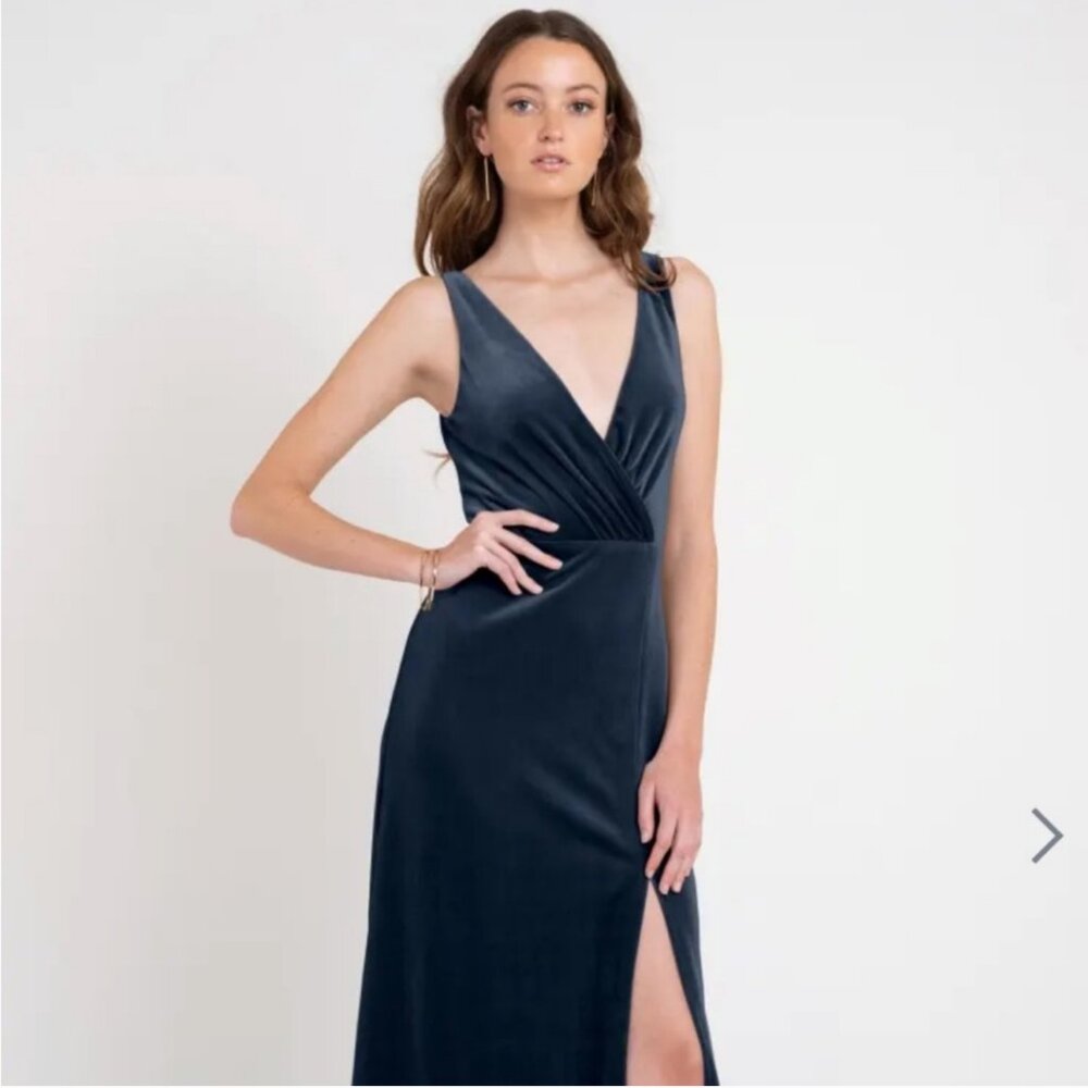 Jenny Yoo Blue Velvet Formal Gown. V-Neck Mesh Front. Side Slit. Size 8